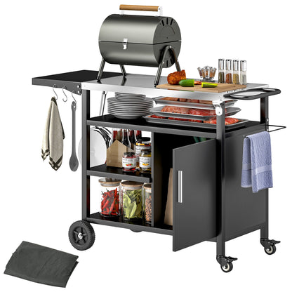 Stainless Steel BBQ Trolley with Folding Table & Wheels