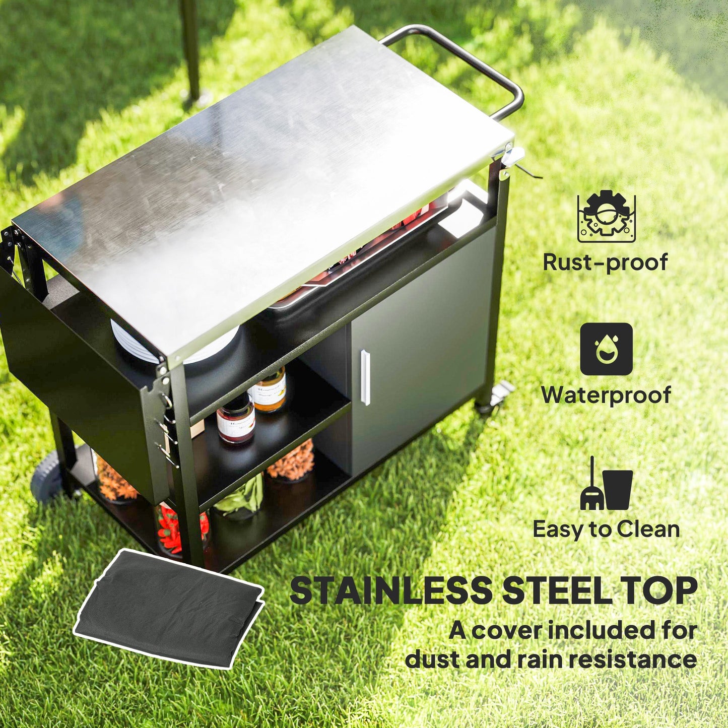 Stainless Steel BBQ Trolley with Folding Table & Wheels