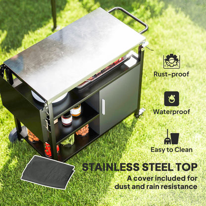 Stainless Steel BBQ Trolley with Folding Table & Wheels