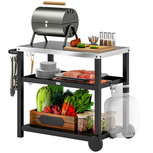 Portable BBQ Trolley with 2-Tier Shelf - Charcoal Grey
