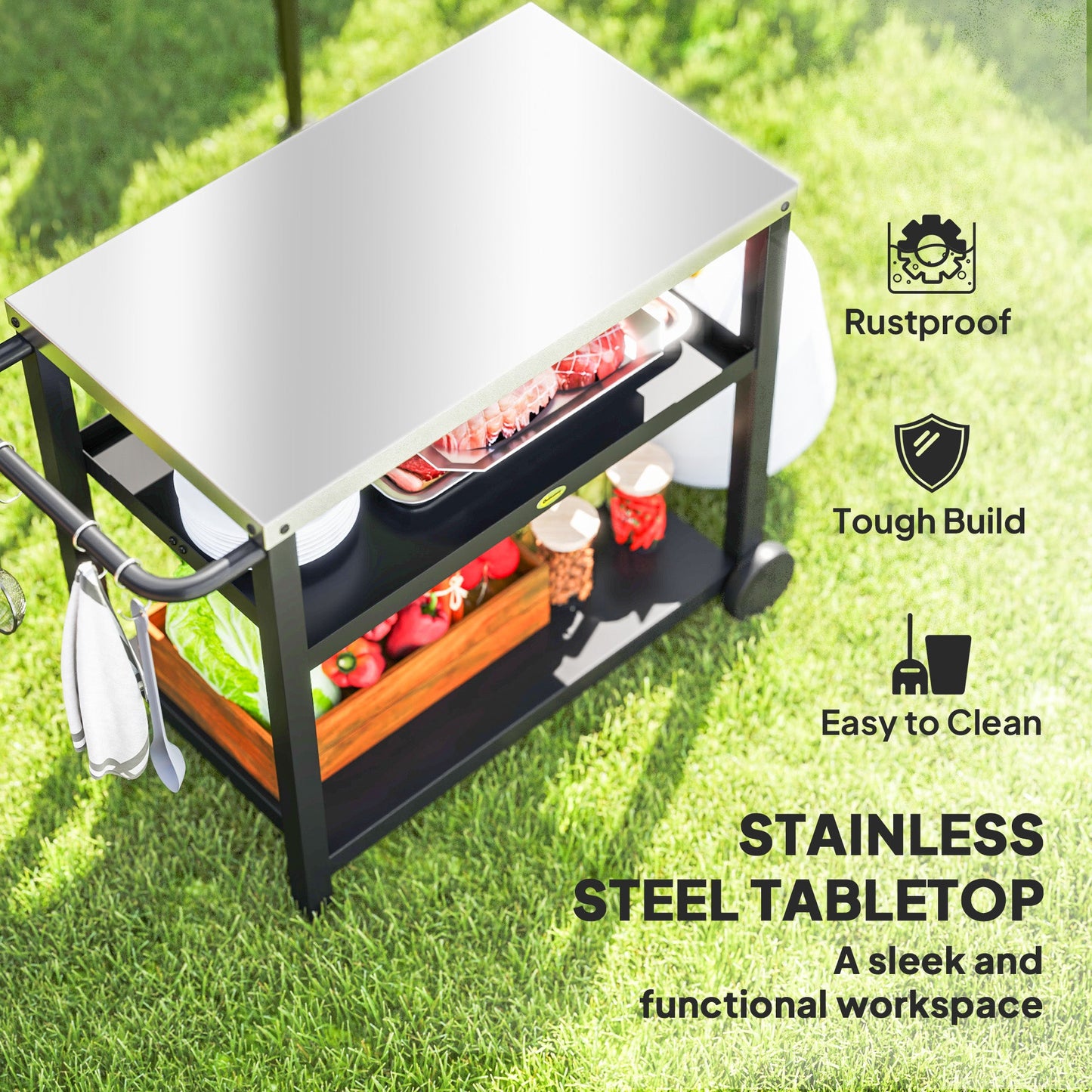 Portable BBQ Trolley with 2-Tier Shelf - Charcoal Grey