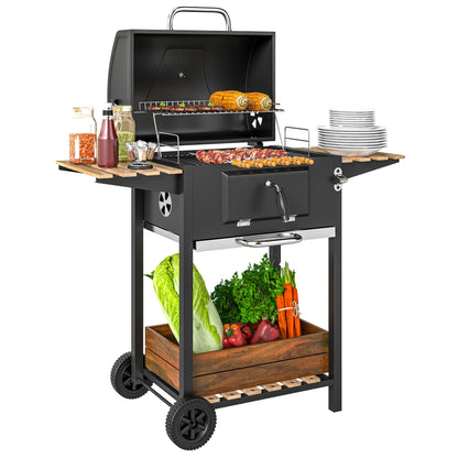 Premium Charcoal BBQ Grill With Adjustable Pan, Thermometer & 3 Shelves