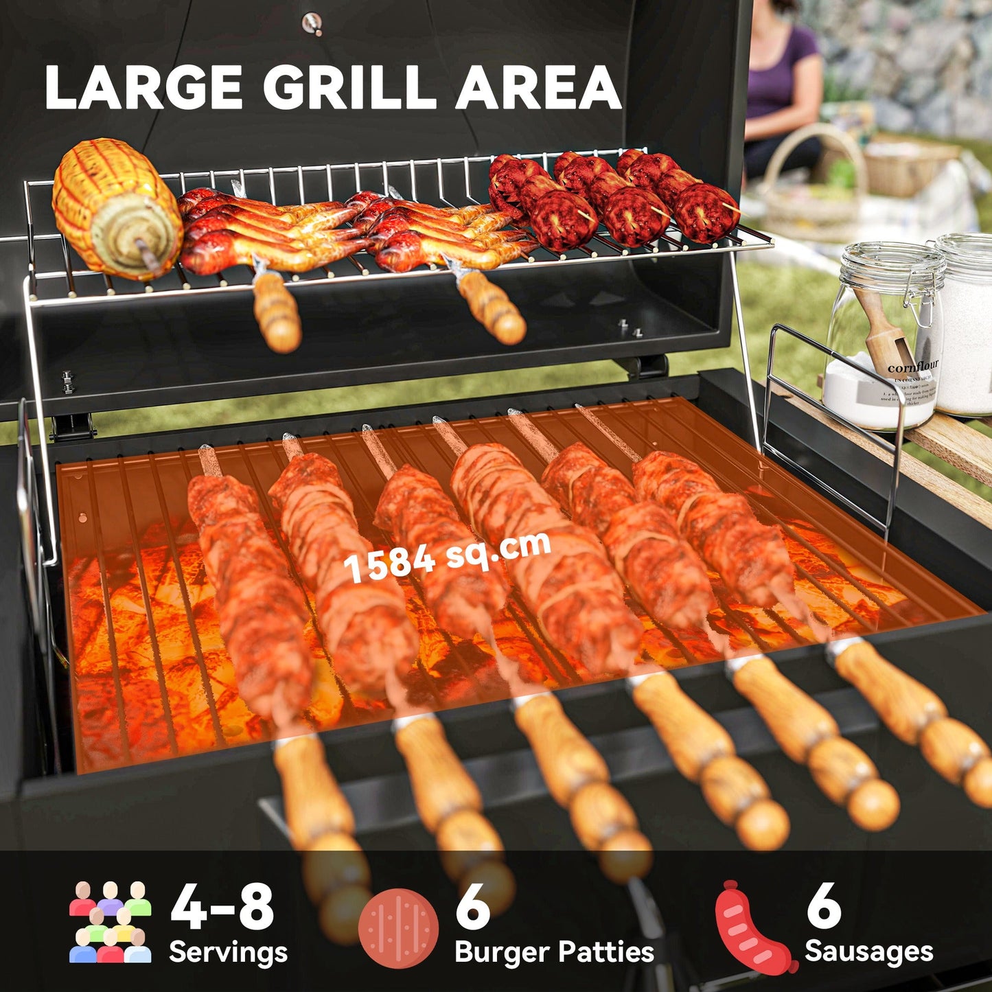 Premium Charcoal BBQ Grill With Adjustable Pan, Thermometer & 3 Shelves