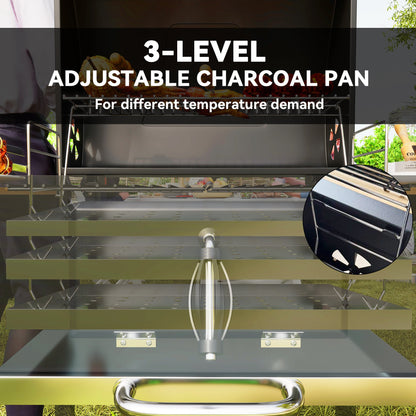 Premium Charcoal BBQ Grill With Adjustable Pan, Thermometer & 3 Shelves