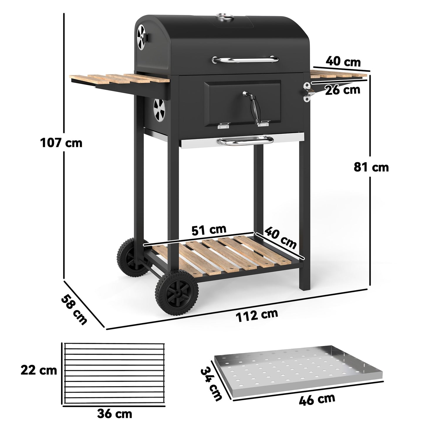 Premium Charcoal BBQ Grill With Adjustable Pan, Thermometer & 3 Shelves