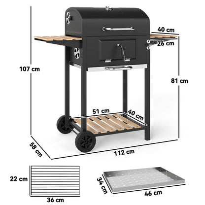 Premium Charcoal BBQ Grill With Adjustable Pan, Thermometer & 3 Shelves