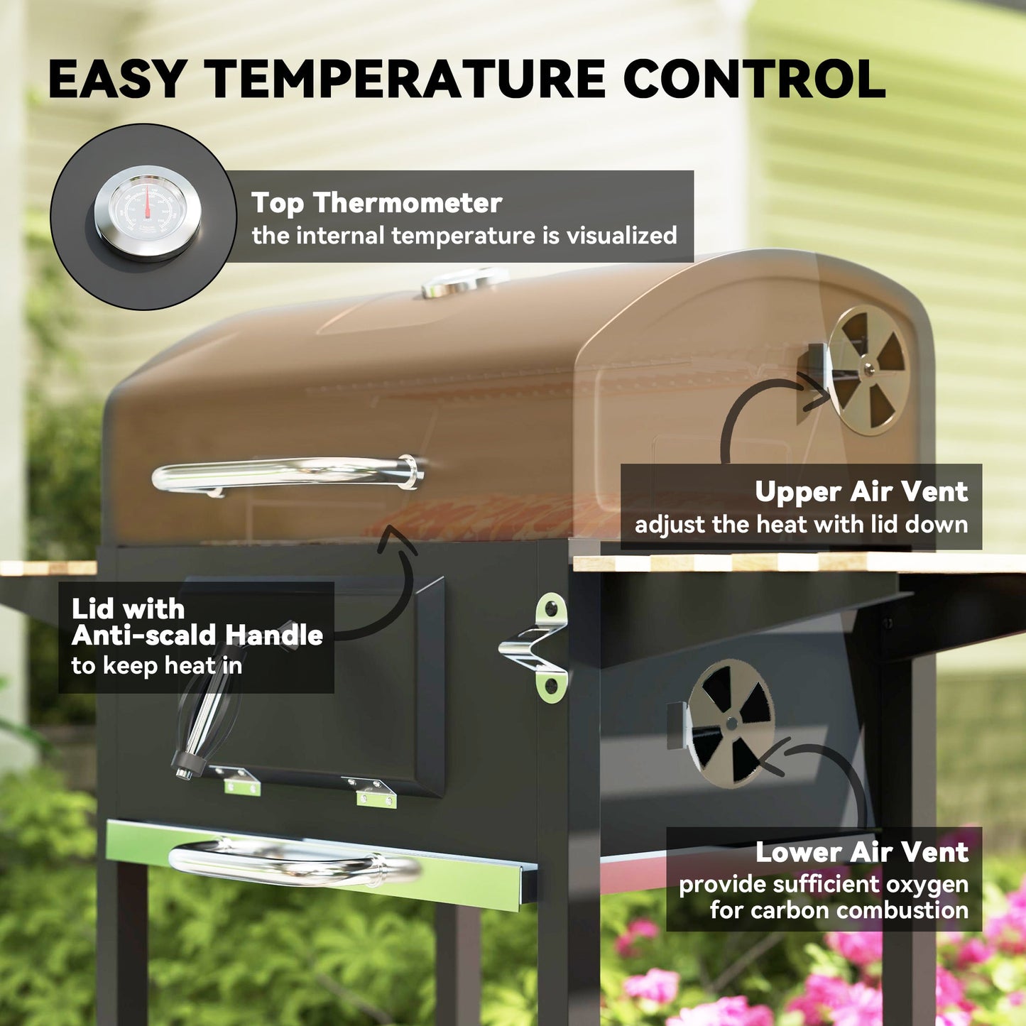 Premium Charcoal BBQ Grill With Adjustable Pan, Thermometer & 3 Shelves