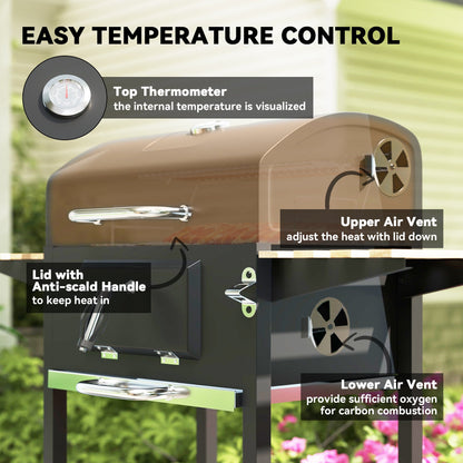 Premium Charcoal BBQ Grill With Adjustable Pan, Thermometer & 3 Shelves