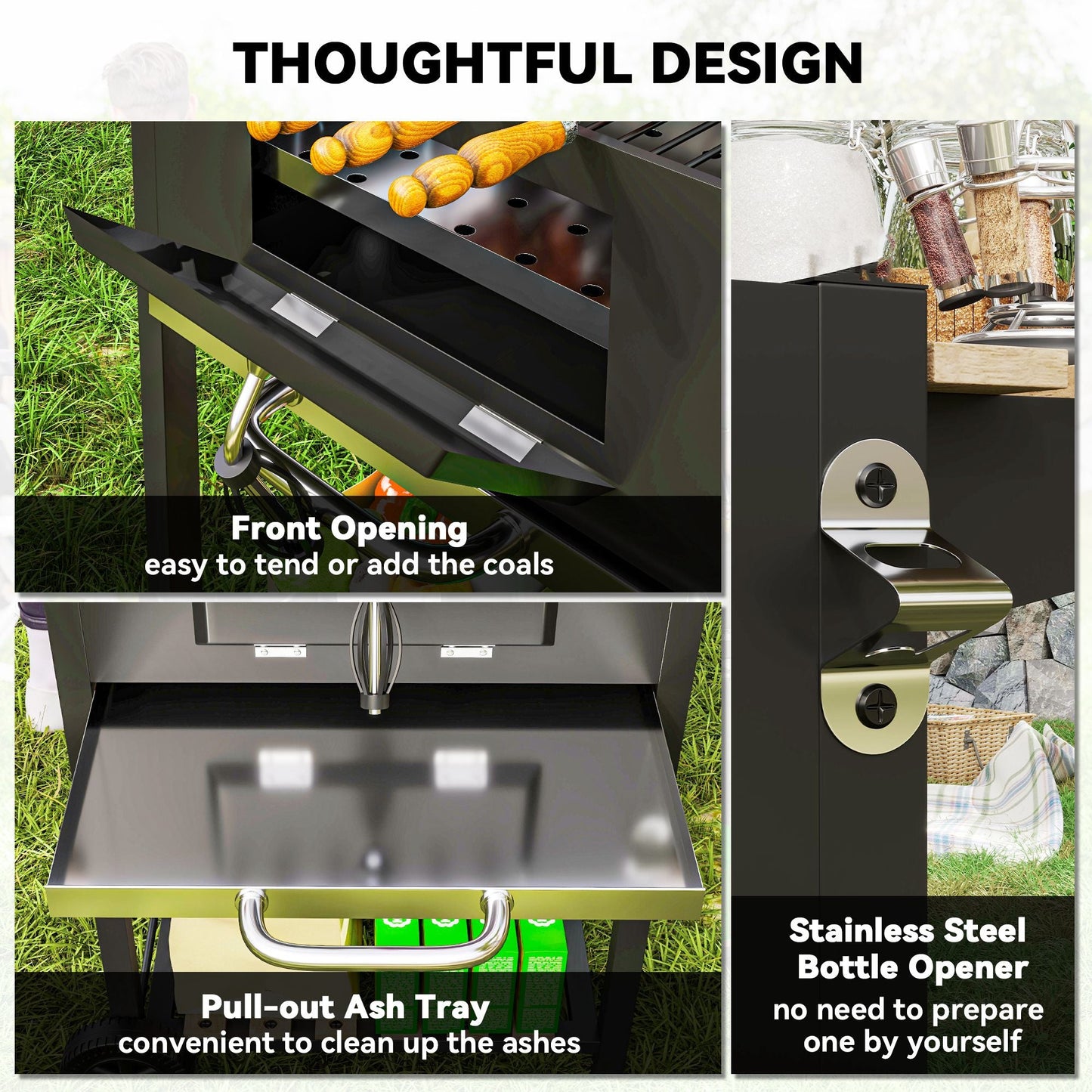 Premium Charcoal BBQ Grill With Adjustable Pan, Thermometer & 3 Shelves