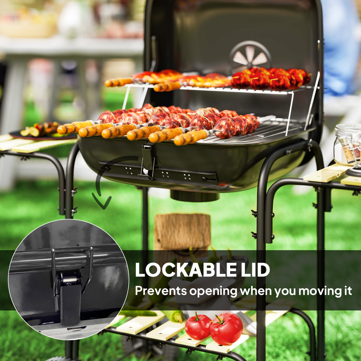 Portable Charcoal BBQ Grill with Lockable Lid & Adjustable Vent