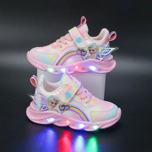 Disney Girls' LED Light-Up Sneakers – Breathable Princess Elsa Sports Shoes (Size 22–35)