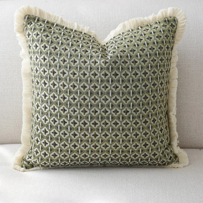 Modern Decorative Green Jacquard Geometric Cushion Cover with Frill - 3 Sizes