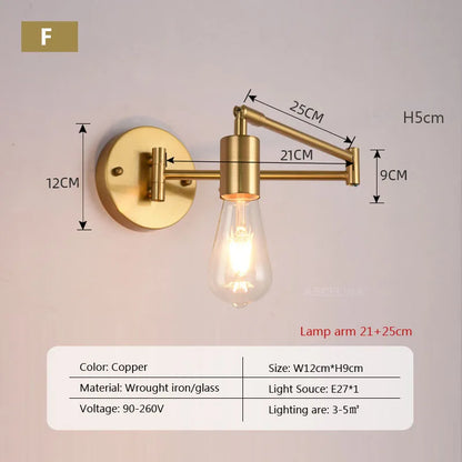 Modern Bulb Adjustable Swing Arm Reading Wall Light in Gold