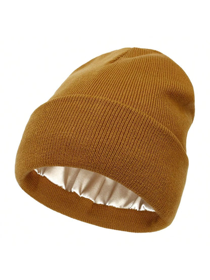 Unisex Satin-Lined Beanie Hat – Anti-Static Silk Lining Warm Knit Skull Cap for Winter & Hair Protection