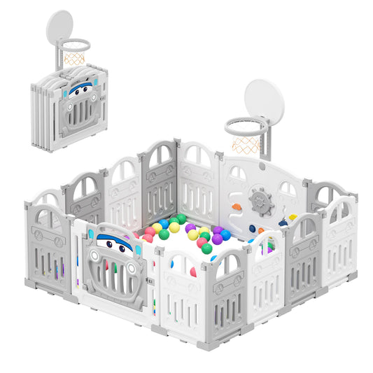 UBRAVOO Foldable Baby Playpen – 14-Panel Play Fence with Basketball Hoop & 50 Color Balls for Toddlers