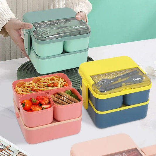 2-Layer Kids Lunch Box – Portable Microwave Bento Box with Fork & Spoon (1100ml/1800ml)