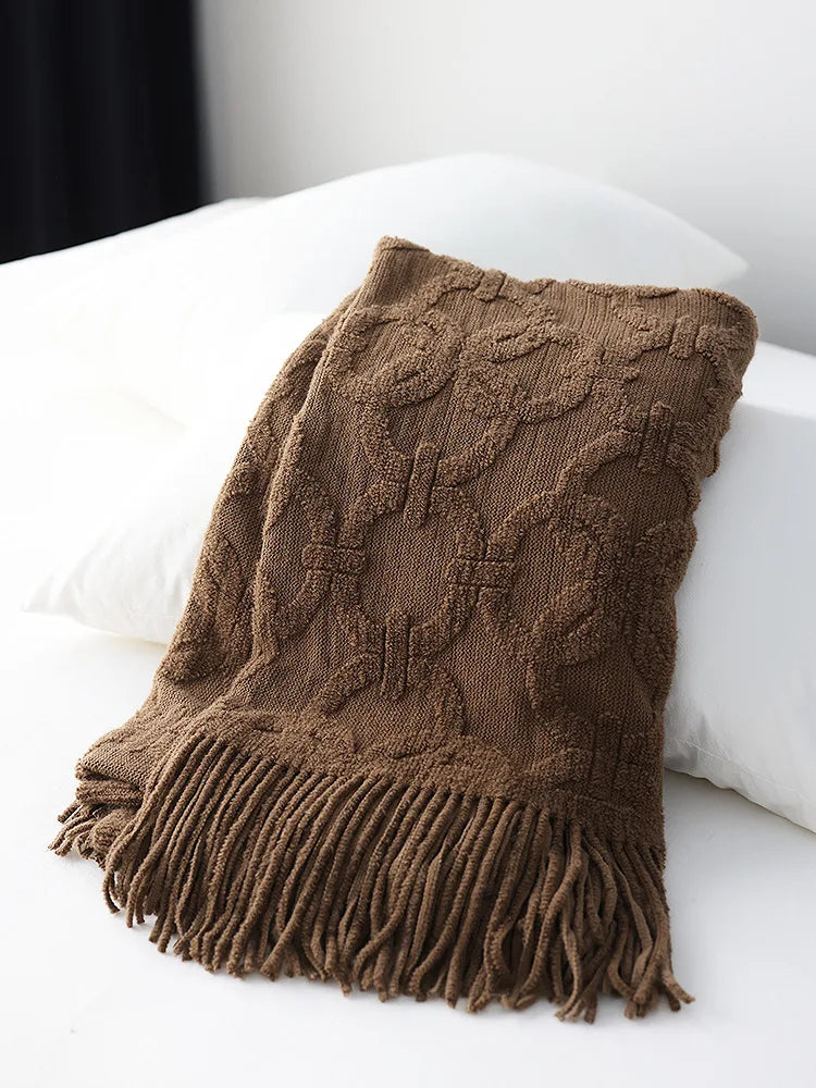 Large Knitted Jacquard Blanket Throw - White, Grey, Brown & Terracotta