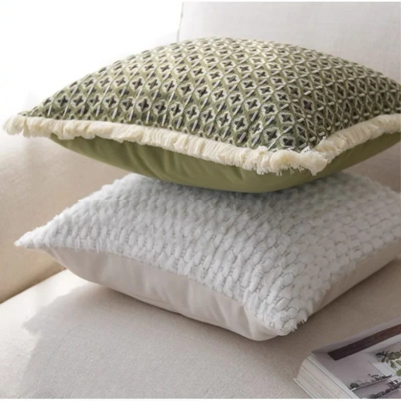 Modern Decorative Green Jacquard Geometric Cushion Cover with Frill - 3 Sizes