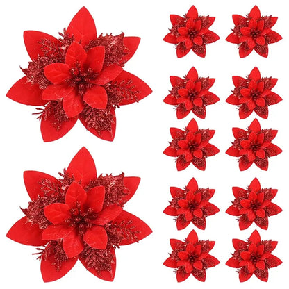5/10pcs Glitter Poinsettia Christmas Flowers – Red, Pink & Gold Artificial Tree Ornaments for Holiday Home Décor