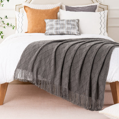 Nordic Knitted Crocheted Diamond Jacquard Throw Blanket with Tassels - 9 Colours