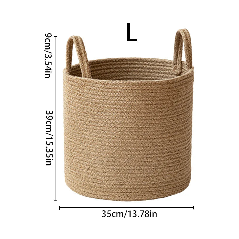Handmade Round Woven Cotton Rope Foldable Basket with Handles - Beige & White