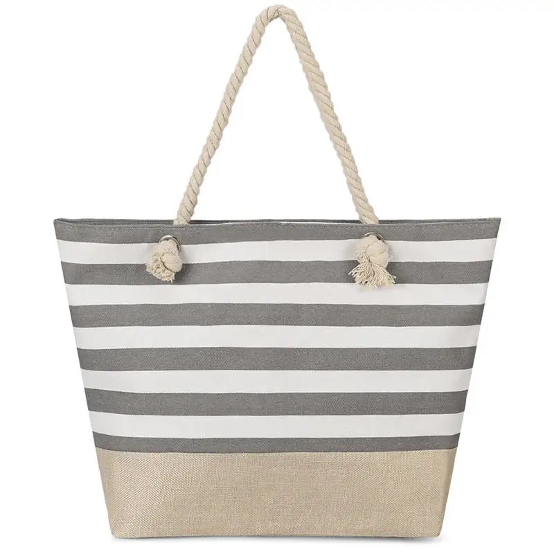 Summer Canvas Striped Tote Bag – Large Beach Shoulder Bag with Zipper for Travel & Swimming