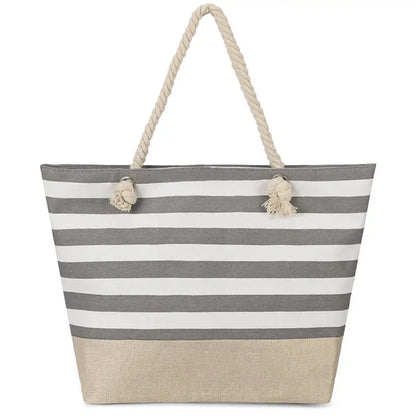 Summer Canvas Striped Tote Bag – Large Beach Shoulder Bag with Zipper for Travel & Swimming