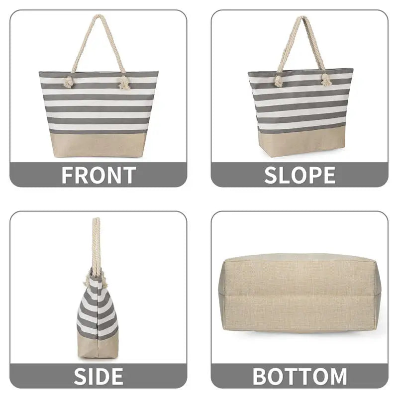 Summer Canvas Striped Tote Bag – Large Beach Shoulder Bag with Zipper for Travel & Swimming
