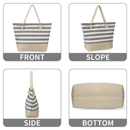 Summer Canvas Striped Tote Bag – Large Beach Shoulder Bag with Zipper for Travel & Swimming