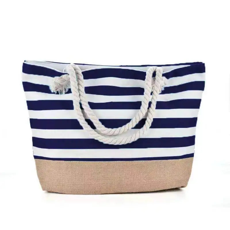 Summer Canvas Striped Tote Bag – Large Beach Shoulder Bag with Zipper for Travel & Swimming