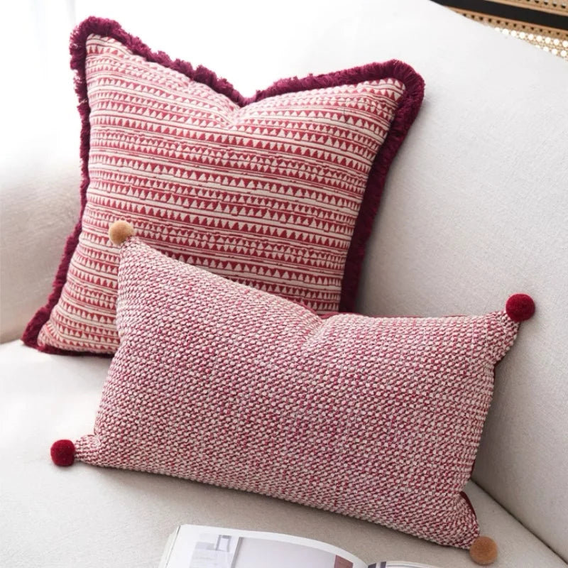 Luxurious Textured Burgundy Geometric Cushion Cover with Plush Frill Detail - 3 Sizes