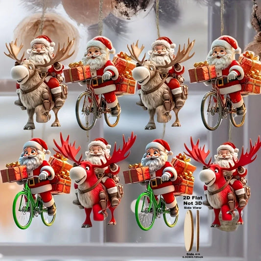Christmas Wooden Santa Ornaments – 8/16/24pcs 2D Flat Bicycle Pendant Tree Decorations & Holiday Gift Set