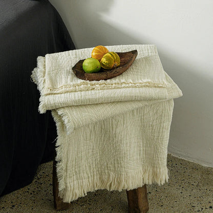 Pure Muslin Cotton Throw with Decorative Pattern & Tassels - White, Beige, Grey & Pink