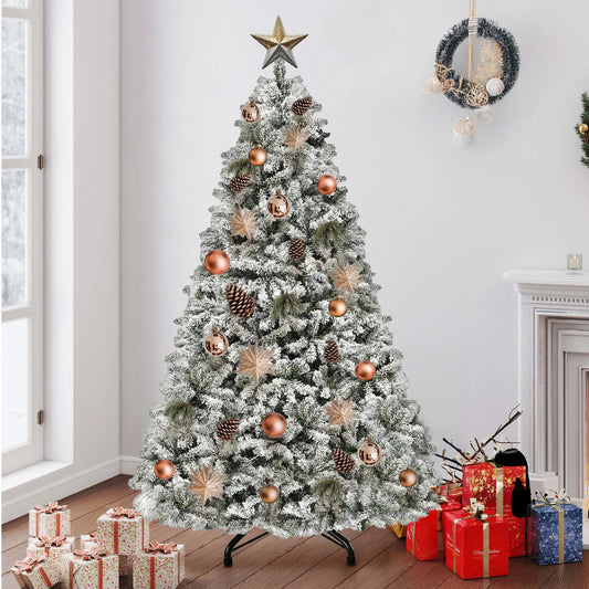 Balconera 6ft Pre-Lit Flocked Christmas Tree – 800 Tips & 250 LED Lights with 8 Modes and Foldable Base