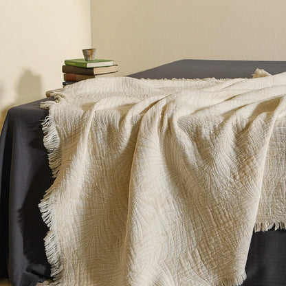 Pure Muslin Cotton Throw with Decorative Pattern & Tassels - White, Beige, Grey & Pink