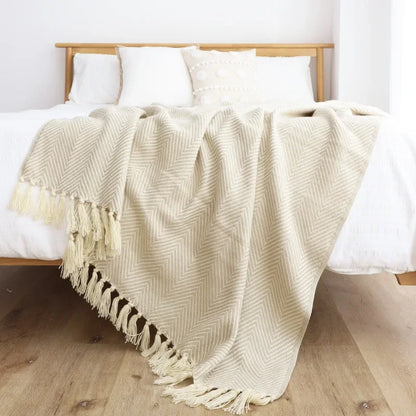 Traditional Luxury Geometric Knitted Blanket Throw With Tassels - Green, Beige & Yellow