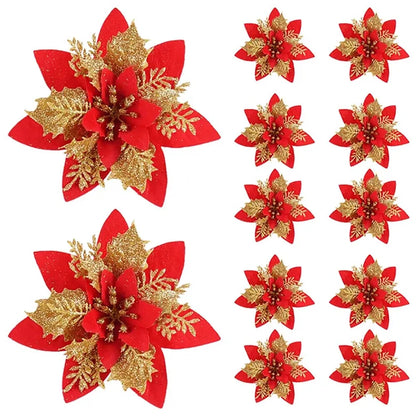 5/10pcs Glitter Poinsettia Christmas Flowers – Red, Pink & Gold Artificial Tree Ornaments for Holiday Home Décor