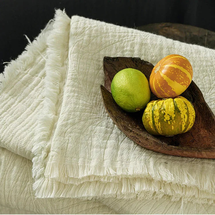 Pure Muslin Cotton Throw with Decorative Pattern & Tassels - White, Beige, Grey & Pink