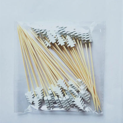 50pcs Christmas Fruit & Dessert Sticks – Bamboo Party Picks with Snowflake, Tree, Elk, Santa & Snowman Designs