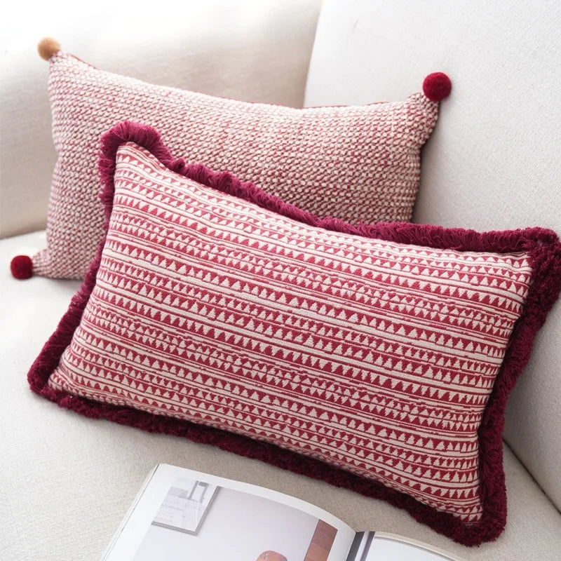 Luxurious Burgundy Textured Geometric Cushion Cover with Pom Pom Detail