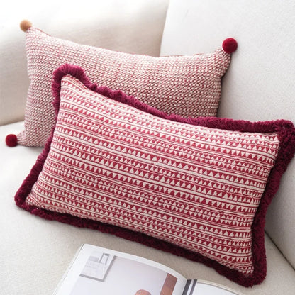 Luxurious Burgundy Textured Geometric Cushion Cover with Pom Pom Detail