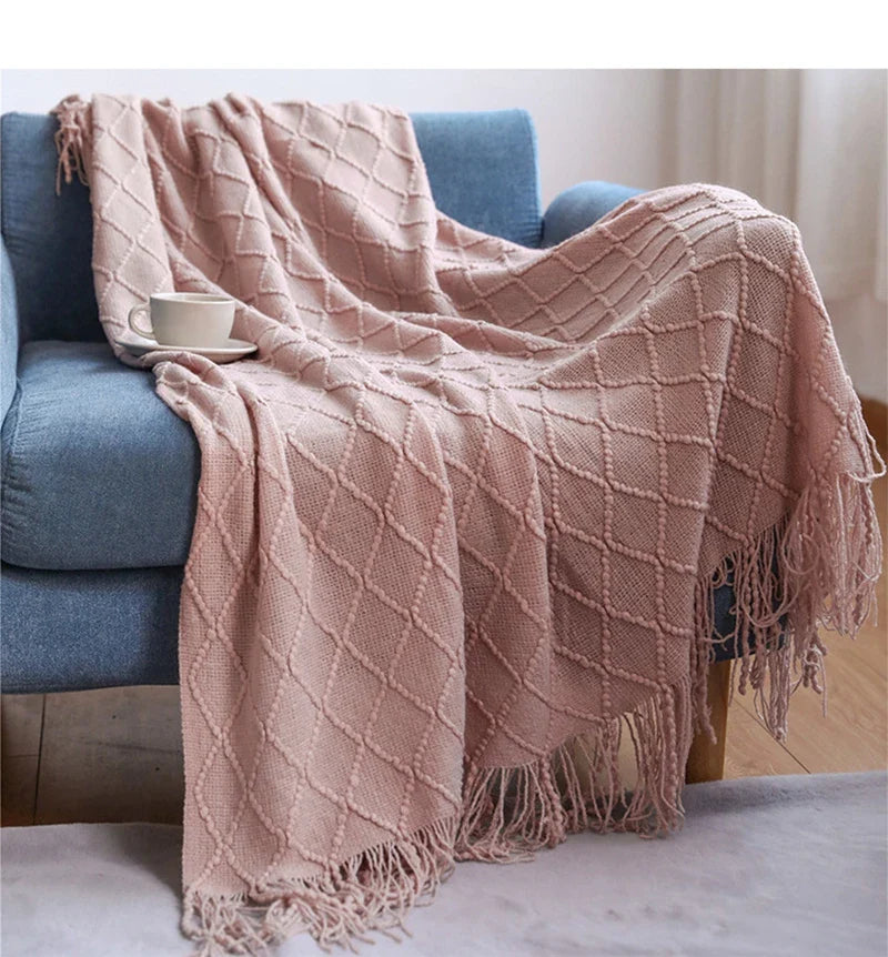 Nordic Knitted Crocheted Diamond Jacquard Throw Blanket with Tassels - 9 Colours