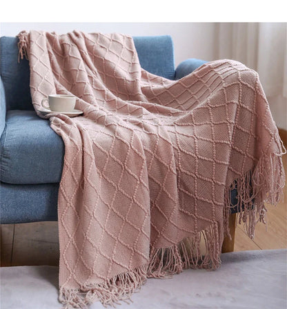 Nordic Knitted Crocheted Diamond Jacquard Throw Blanket with Tassels - 9 Colours