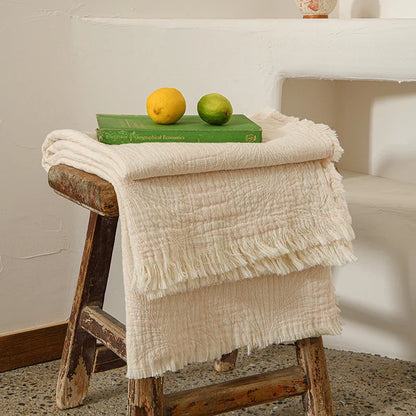 Pure Muslin Cotton Throw with Decorative Pattern & Tassels - White, Beige, Grey & Pink