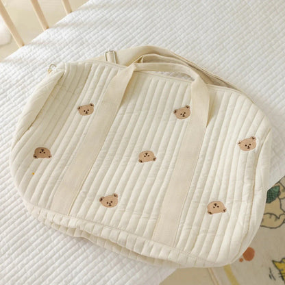 Large White Embroidery Baby Nappy Changing Washbag with Shoulder Strap - Bear