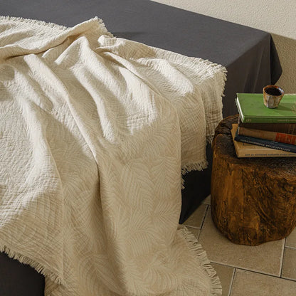 Pure Muslin Cotton Throw with Decorative Pattern & Tassels - White, Beige, Grey & Pink