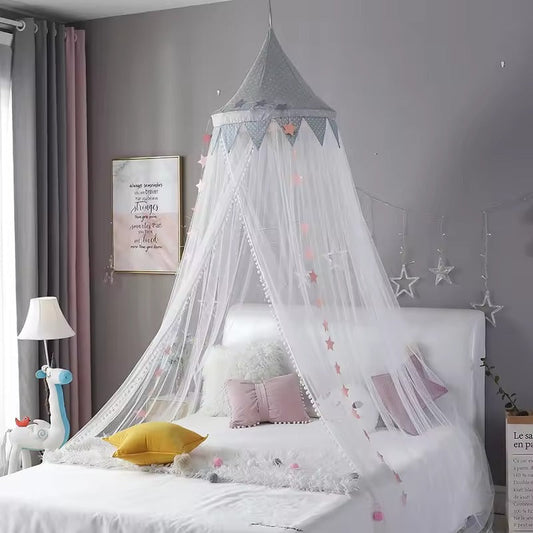 Kids Bed Canopy With Pom Pom Detail - Pink, Blue & Grey
