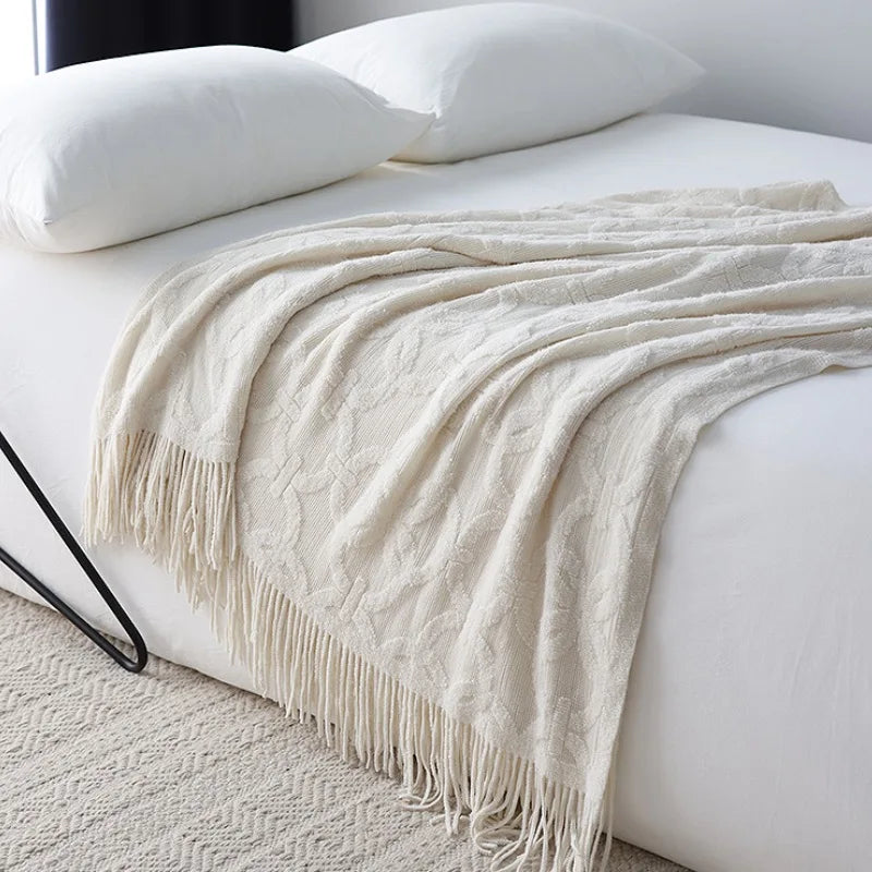 Large Knitted Jacquard Blanket Throw - White, Grey, Brown & Terracotta