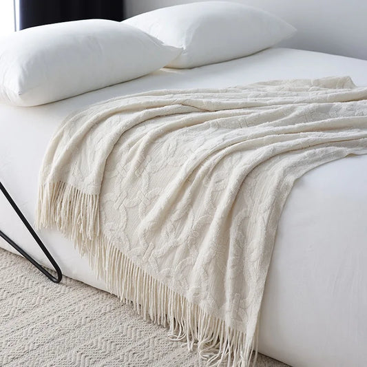 Large Knitted Jacquard Blanket Throw - White, Grey, Brown & Terracotta