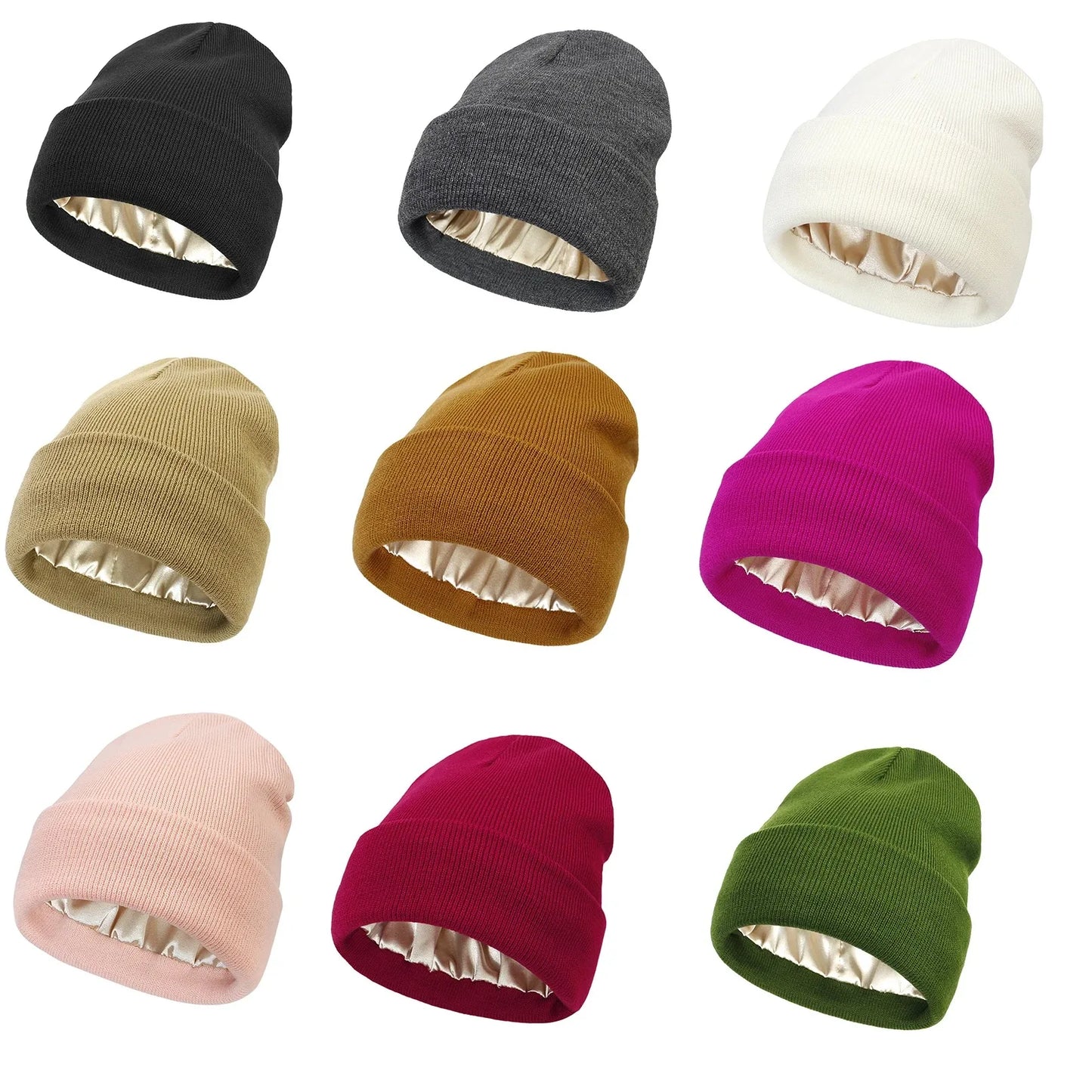 Unisex Satin-Lined Beanie Hat – Anti-Static Silk Lining Warm Knit Skull Cap for Winter & Hair Protection